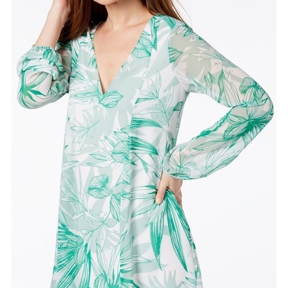 BCBGeneration White Green Palm-Print Shift V Neck Dress Satin Size Medium - Picture 5 of 14